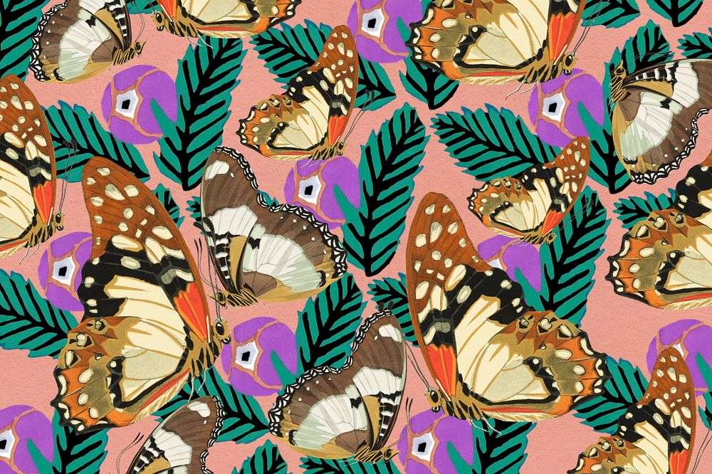 Exotic butterfly patterned background, editable E.A. Séguy's vintage illustration, remixed by rawpixel