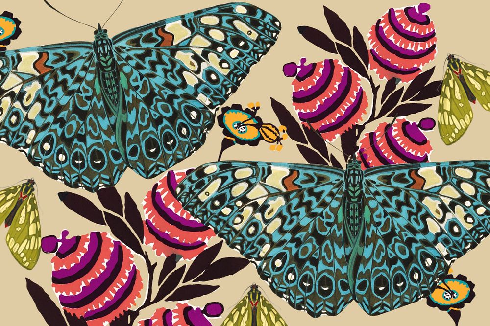 Exotic botanical butterfly background, editable vintage pattern, remixed from the artwork of E.A. Séguy