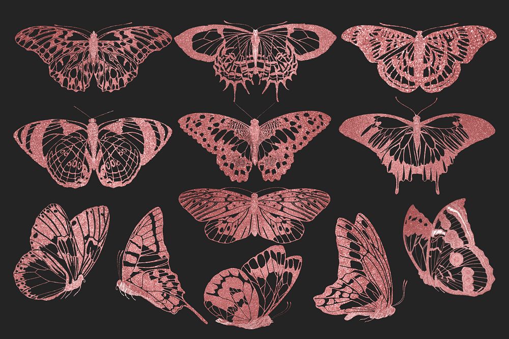 Aesthetic pink glitter butterfly set, editable EA. Séguy’s artwork, remixed by rawpixel