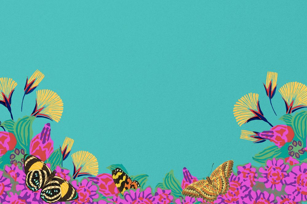 Butterfly flower background, editable turquoise colorful design, remixed from the artwork of E.A. Séguy