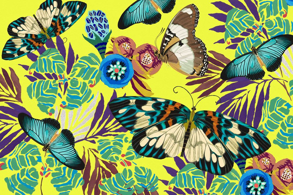 Exotic butterfly patterned background, editable vintage botanical design, remixed from the artwork of E.A. Séguy