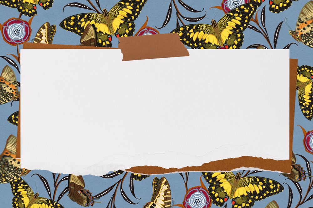 Ripped note paper background, editable E.A. Séguy's butterfly pattern, remixed by rawpixel