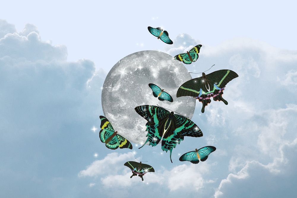 Aesthetic butterflies background, editable full moon, remixed from the artwork of E.A. Séguy