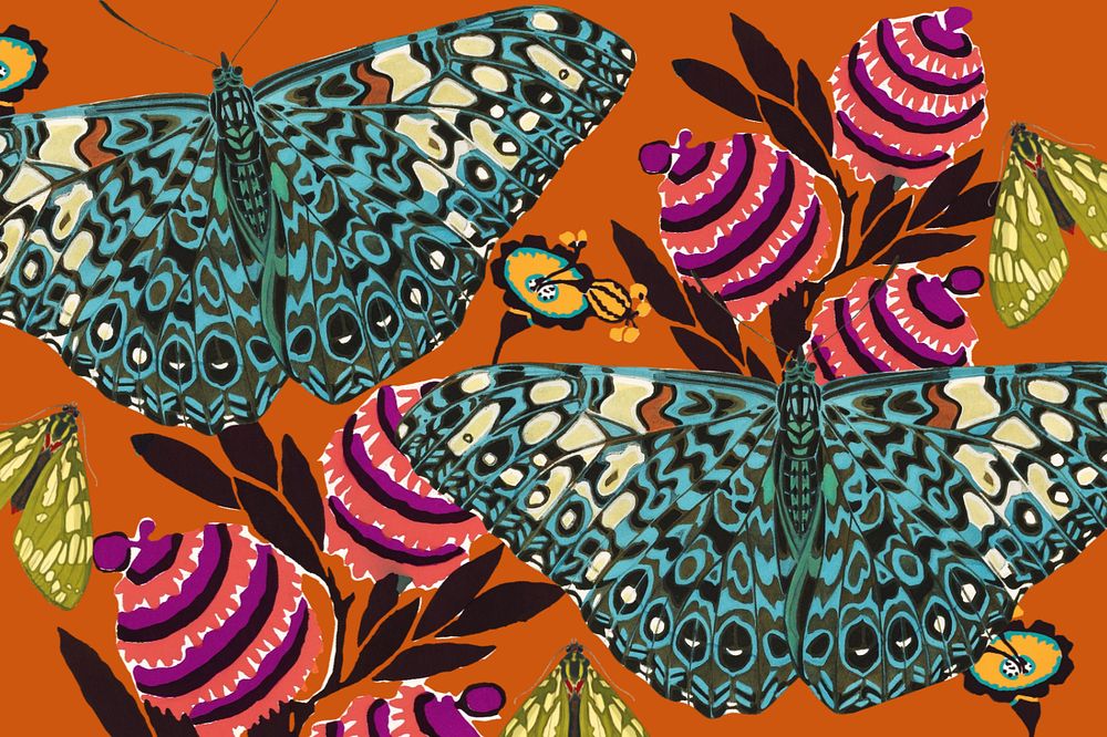 Exotic botanical butterfly background, editable vintage pattern, remixed from the artwork of E.A. Séguy