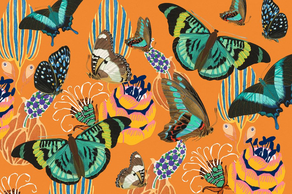 Exotic butterfly background, editable botanical patterned design, remixed from the artwork of E.A. Séguy