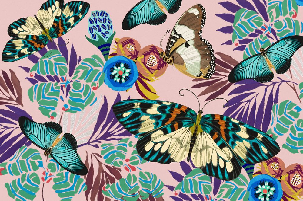 Exotic botanical patterned background, editable vintage butterfly design, remixed from the artwork of E.A. Séguy