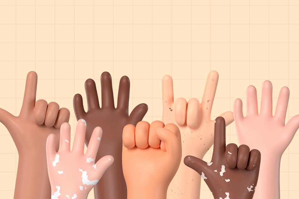 Diverse raising hands background, 3D rendering, editable design