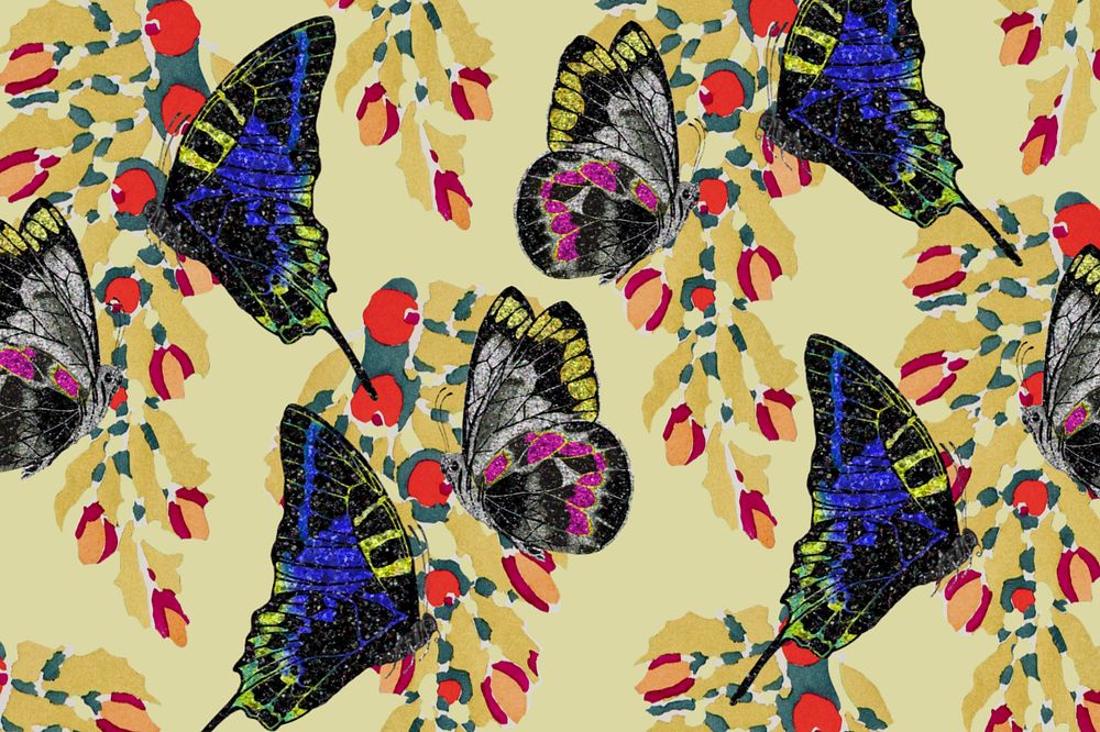 Vintage botanical background, editable butterfly pattern, remixed from the artwork of E.A. Séguy