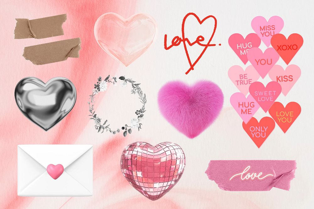 3D hearts sticker, aesthetic Valentine's collage element set, editable design