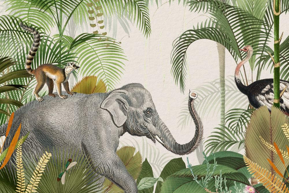 Vintage jungle elephant background, wild animal illustration, editable design