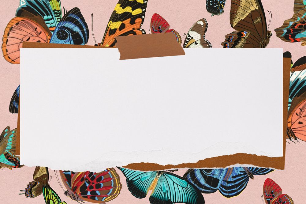 Ripped note paper background, editable E.A. Séguy's butterfly pattern, remixed by rawpixel