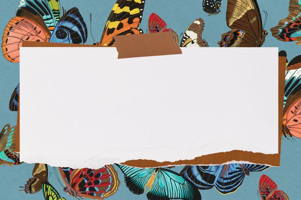 Ripped note paper background, editable E.A. Séguy's butterfly pattern, remixed by rawpixel