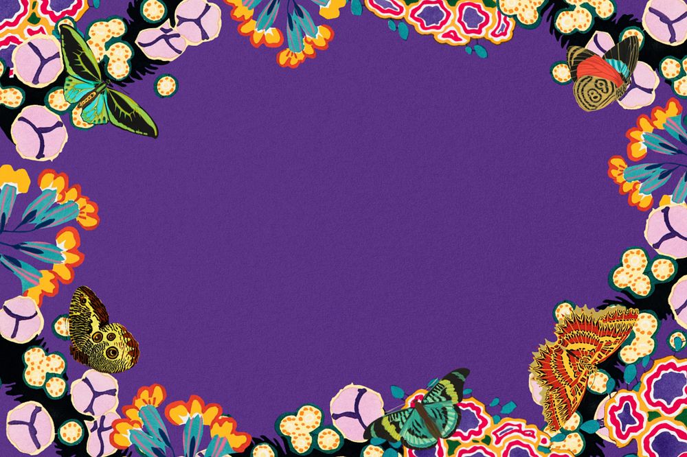 Butterfly flower frame background, editable purple design, remixed from the artwork of E.A. Séguy