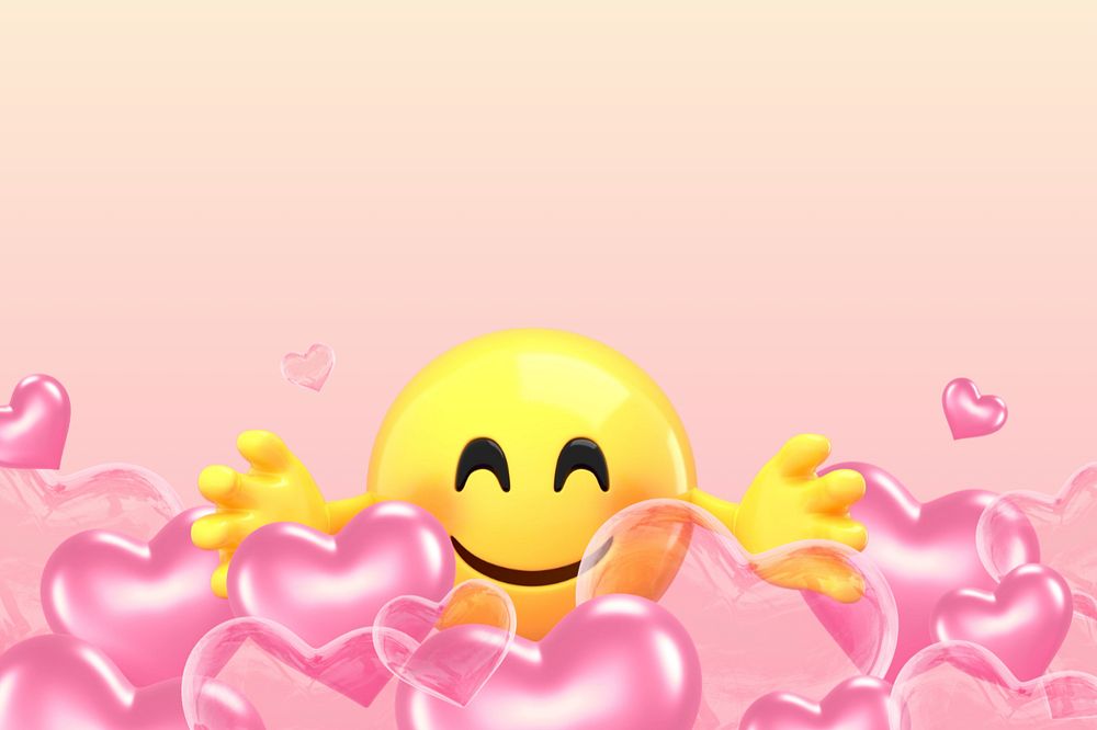 3D emoticon pink border background, heart editable design