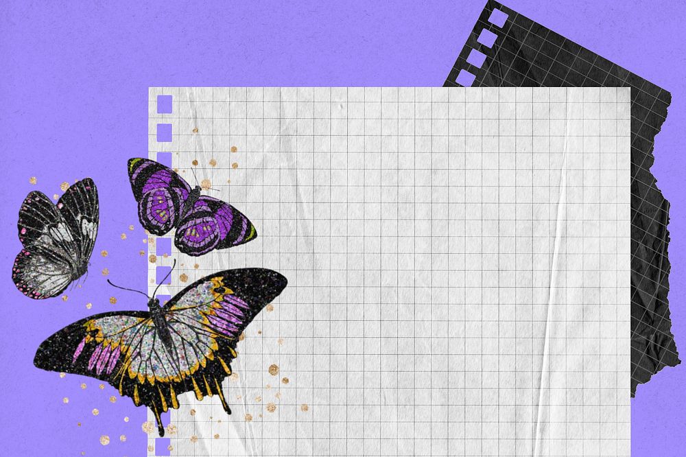 Aesthetic note paper background, editable E.A. Séguy's butterfly, remixed by rawpixel