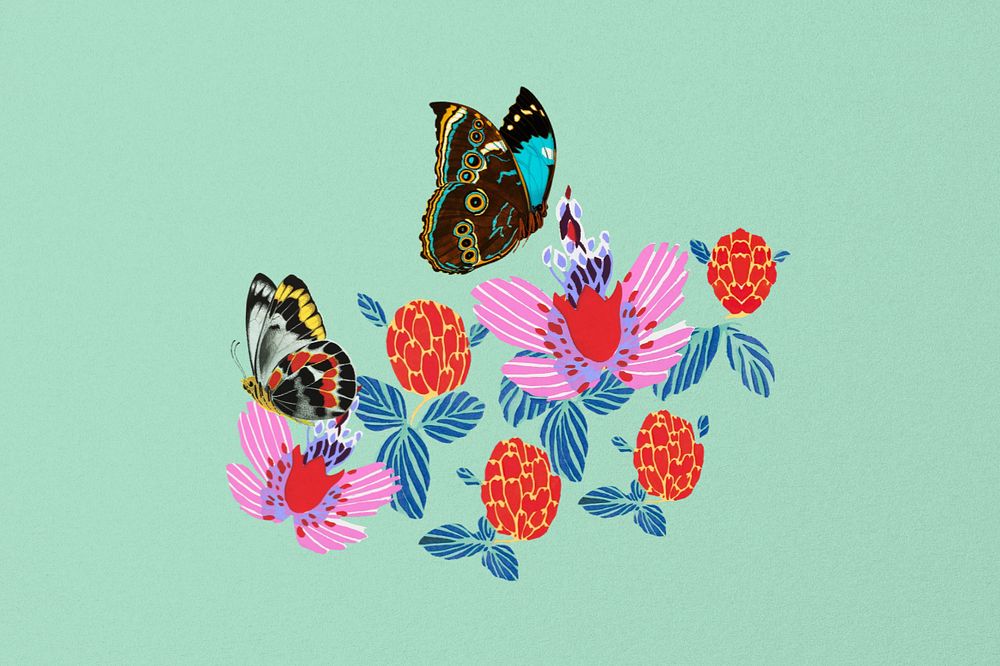 Green exotic butterfly background, editable textured design, remixed from the artwork of E.A. Séguy