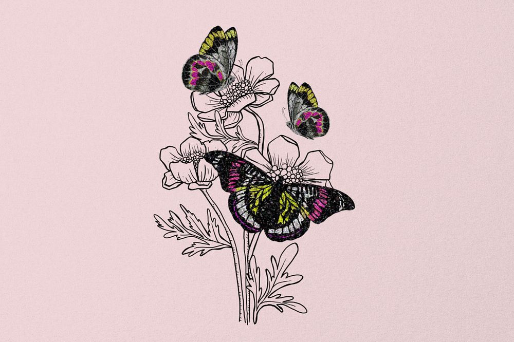 Vintage floral butterfly background, editable pink textured design, remixed from the artwork of E.A. Séguy