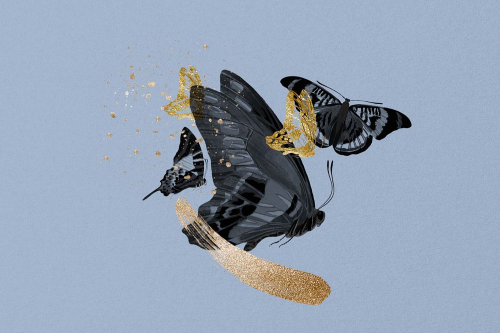 Glittery butterfly background, editable aesthetic black design, remixed from the artwork of E.A. Séguy