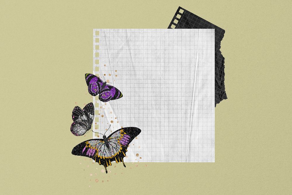 Aesthetic note paper background, editable E.A. Séguy's butterfly illustration, remixed by rawpixel