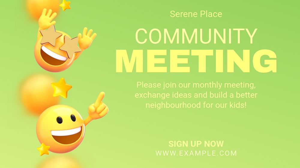  Community meeting Facebook cover template, 3D emoticon editable design 