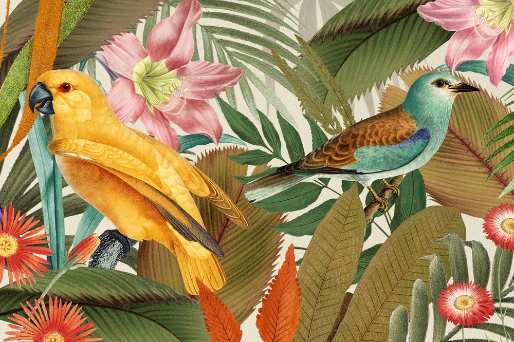 Exotic birds pattern background, jungle illustration, editable design