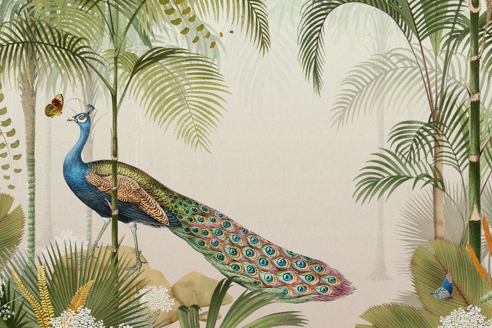 Jungle peacock bird background, vintage palm trees, editable design