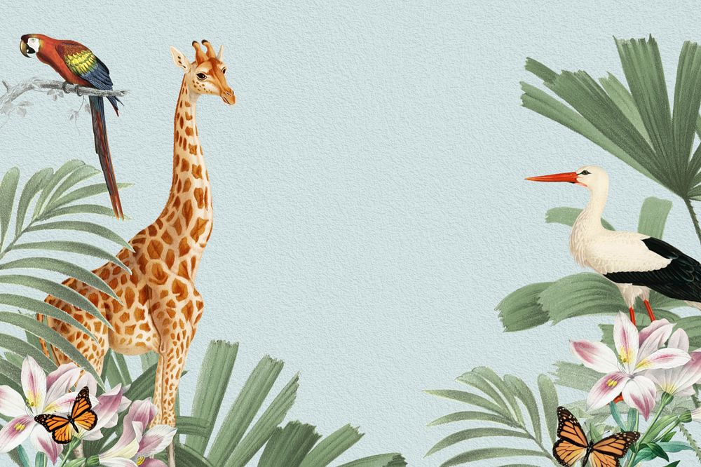 Vintage wildlife giraffe background, aesthetic leaf border, editable design