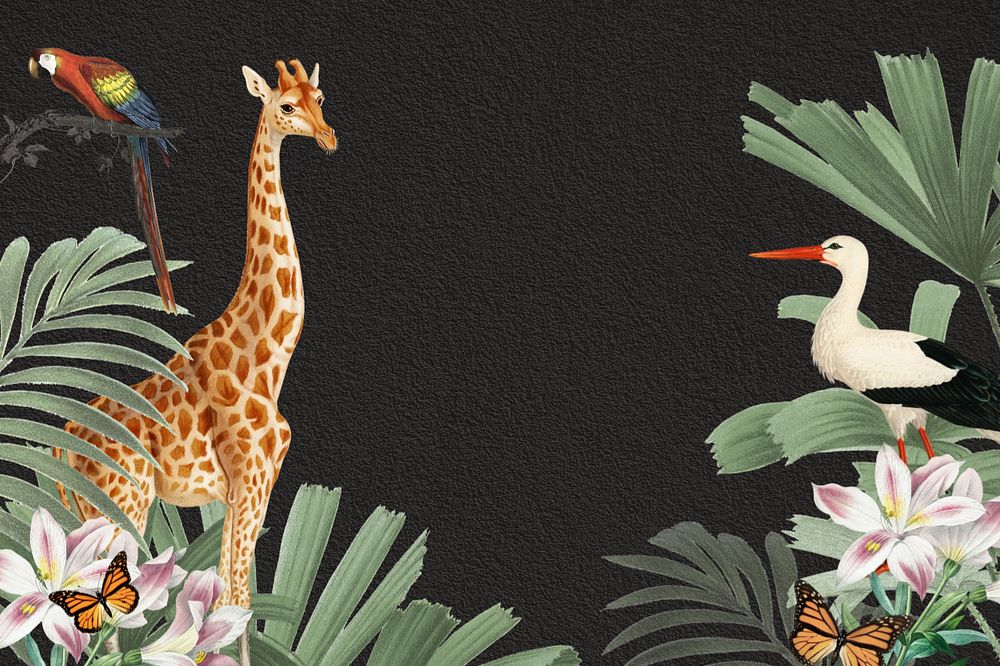 Vintage wildlife giraffe background, aesthetic leaf border, editable design