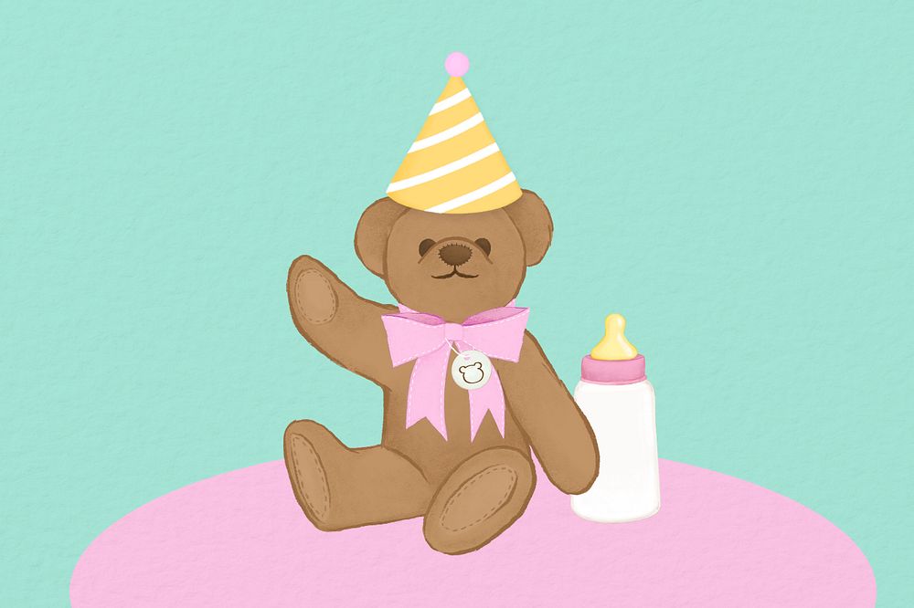 Birthday teddy bear background, editable digital painting remix