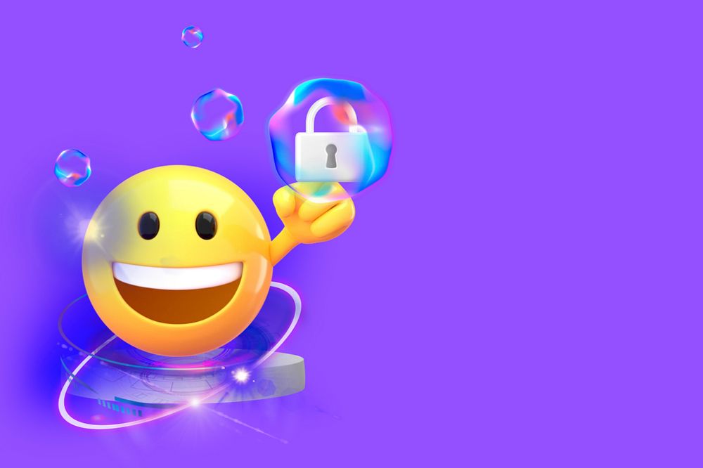 Cyber security purple border background, 3D emoji editable design