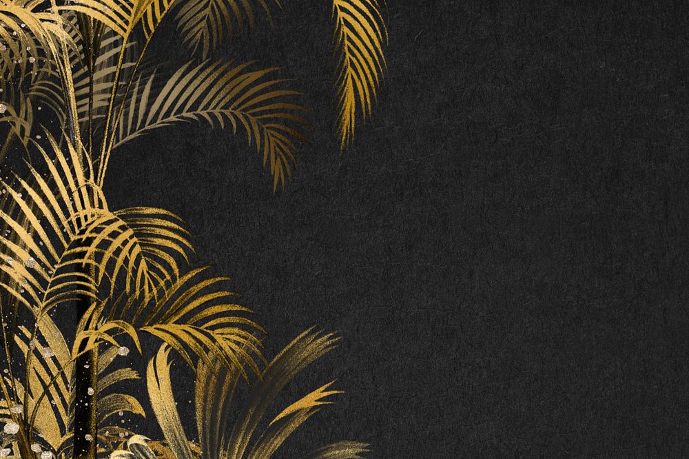 Gold palm leaf background, botanical border black, editable design