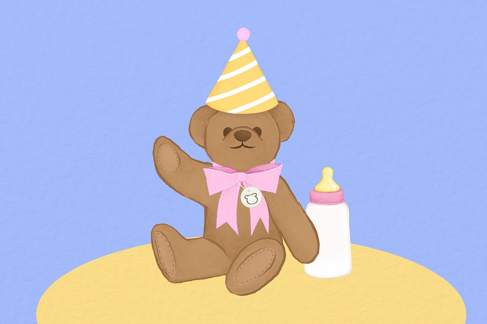 Birthday teddy bear background, editable digital painting remix