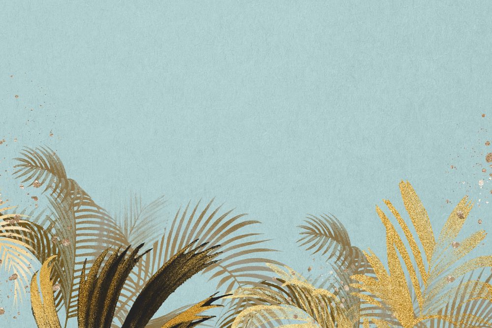 Gold palm leaf background, botanical border blue, editable design