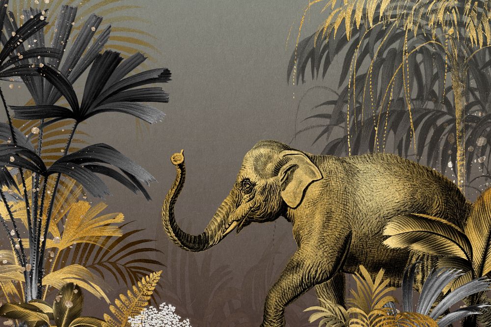 Vintage jungle elephant background, gold wildlife illustration, editable design