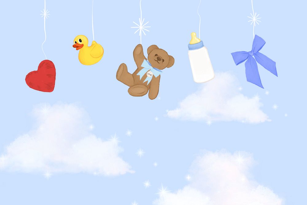 Cute blue sky background, editable kids' toys border digital painting remix