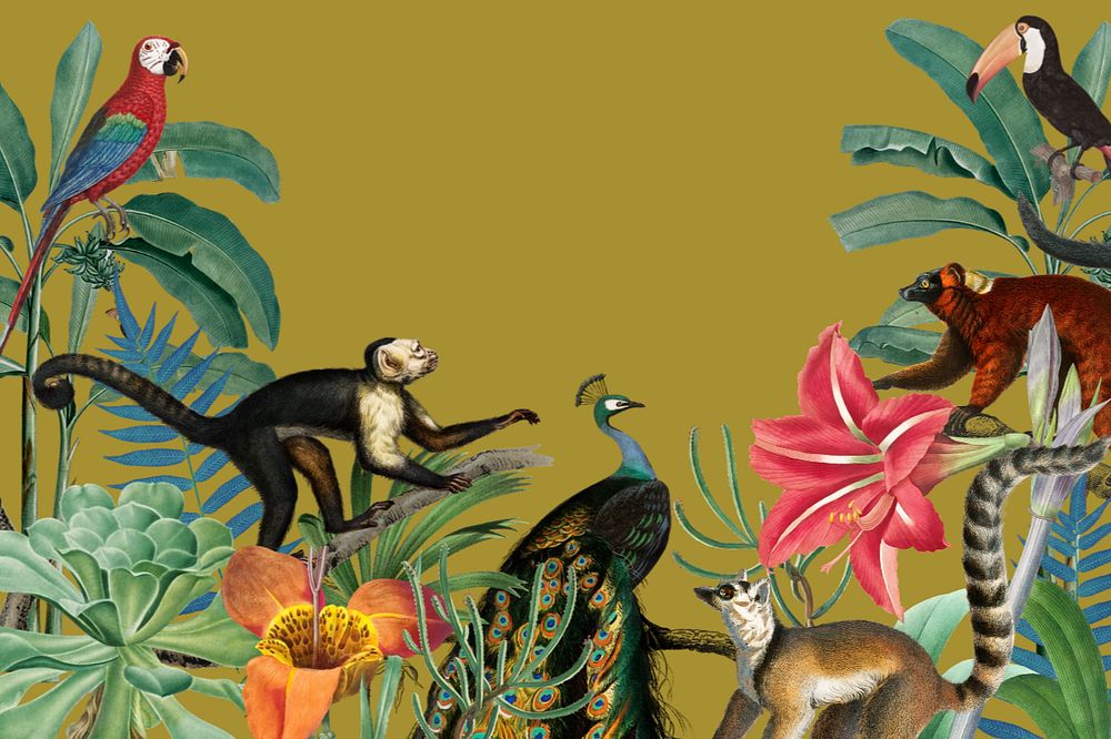 Vintage jungle animal background, wildlife border, editable design