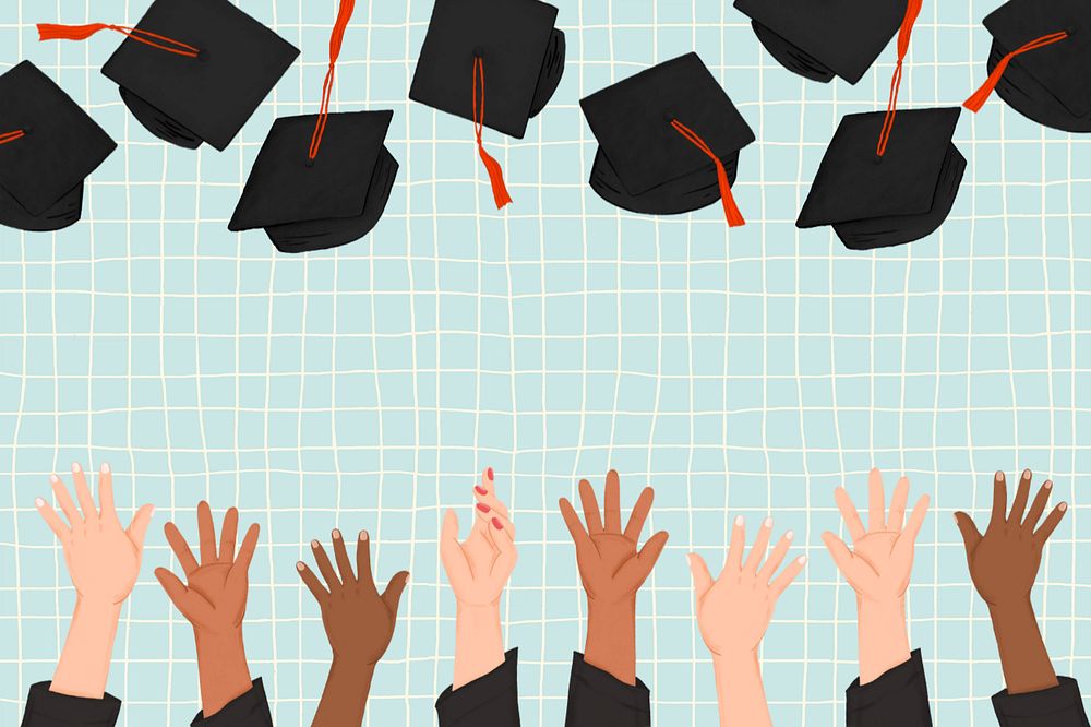 Graduation caps border, green background, editable digital painting remix