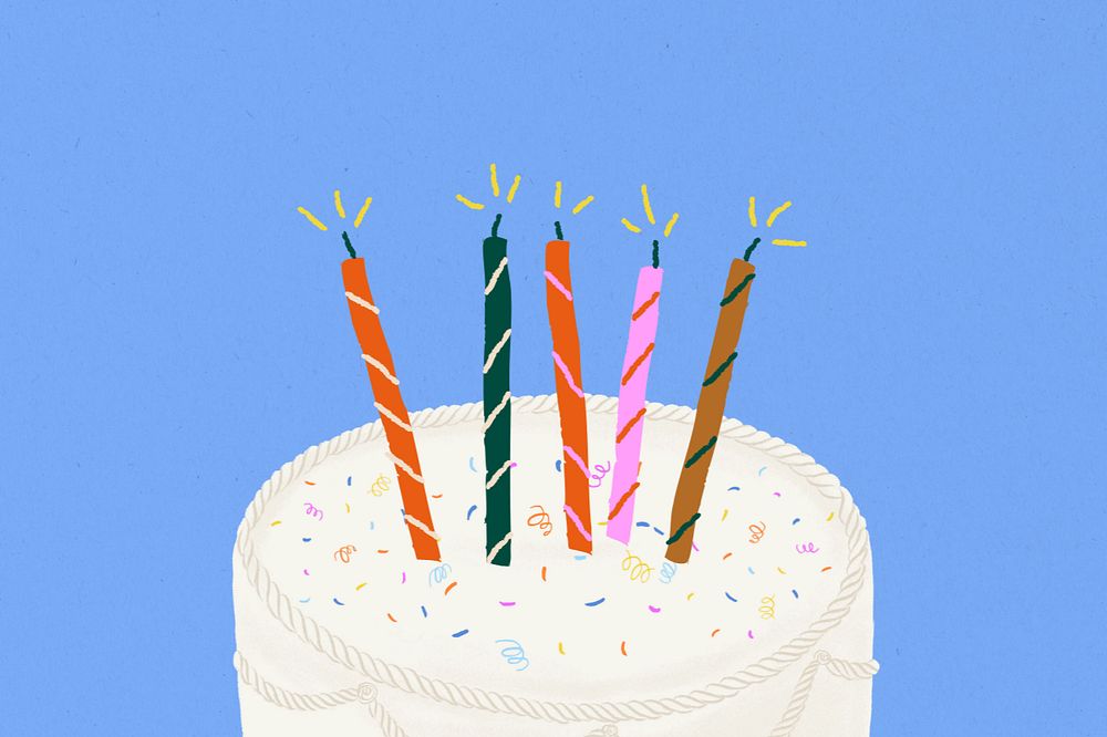 Cute birthday cake, blue background, editable digital painting remix