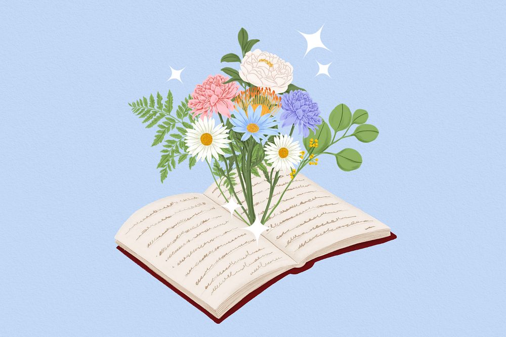 Floral open book background, editable literature digital painting remix