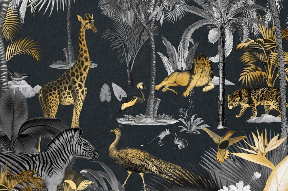 Gold wildlife pattern background, jungle animals illustration, editable design