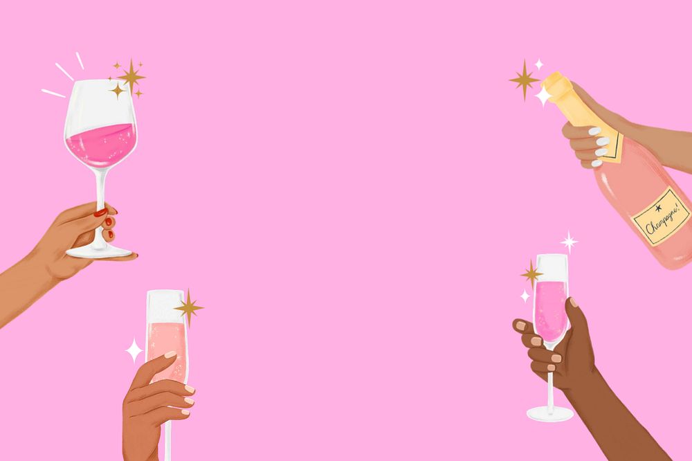 Clinking glasses, pink background, editable aesthetic festive digital painting remix