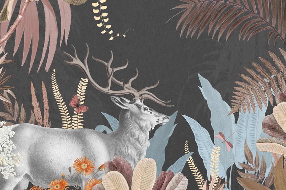 Aesthetic elk wildlife background, botanical border, editable design