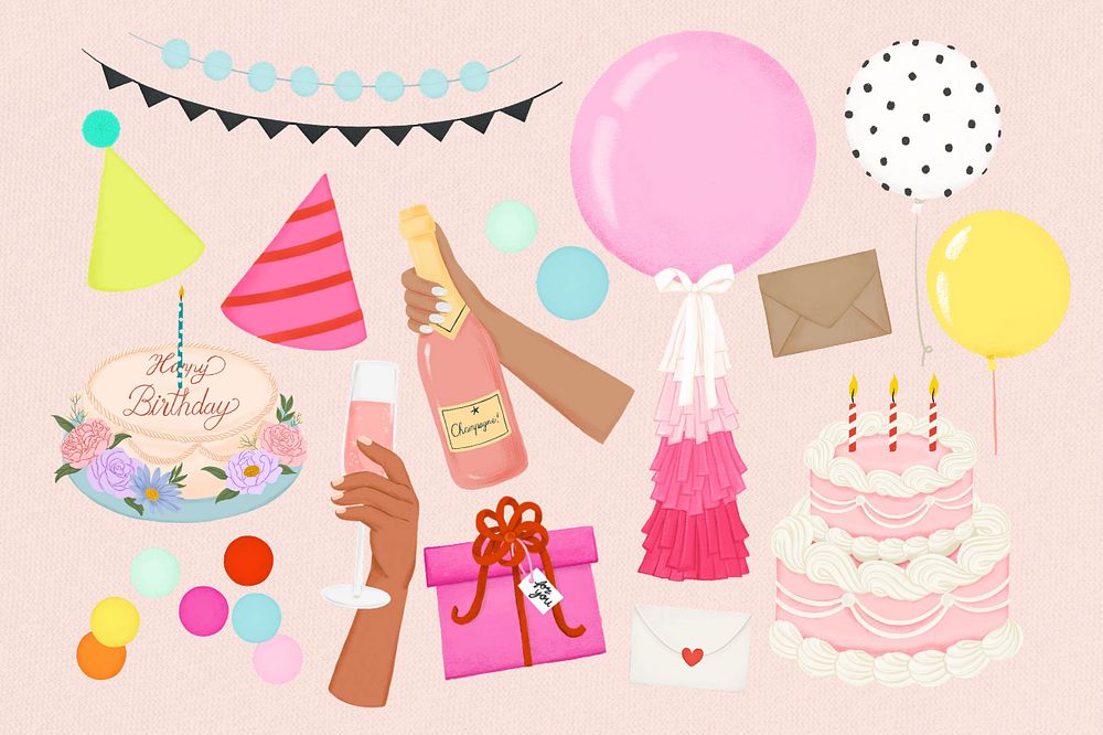 Birthday party sticker set, editable aesthetic painting remix