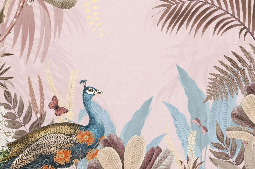 Pink aesthetic peacock background, botanical border, editable design