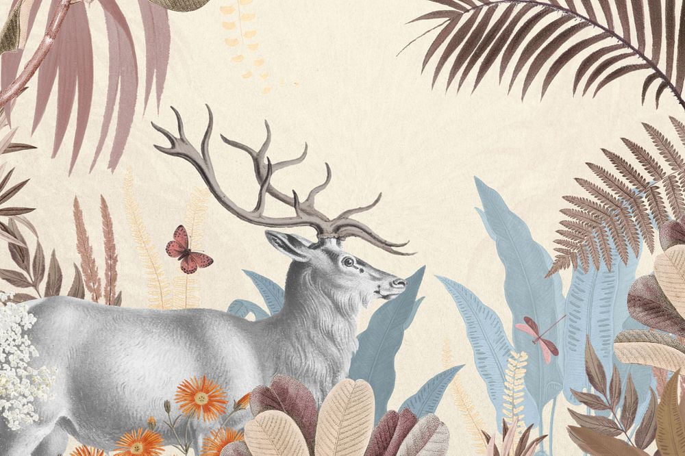 Aesthetic elk wildlife background, botanical border, editable design