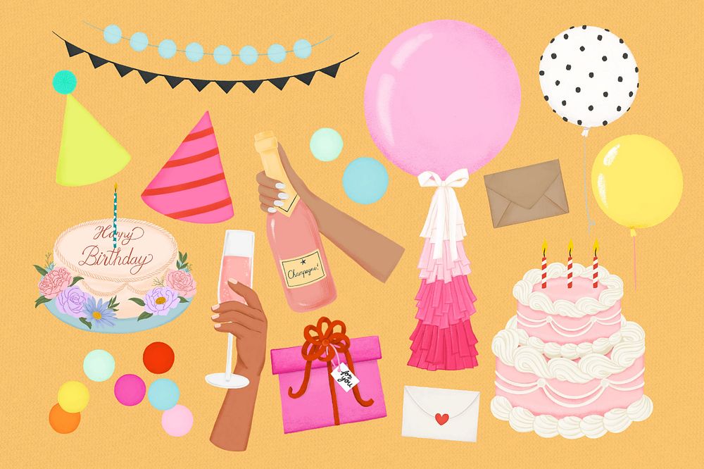 Birthday party clipart set, editable aesthetic painting remix