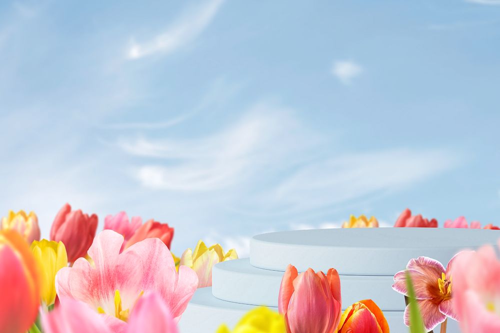 Spring flower field product background, 3D podium illustration, editable design