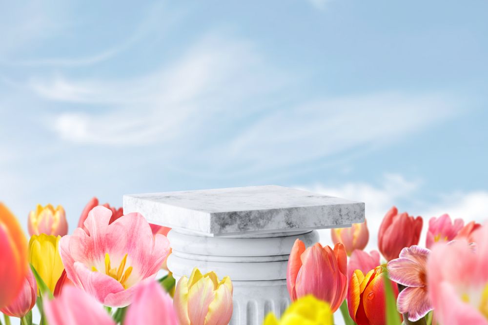 Spring flower field product background, 3D podium illustration, editable design