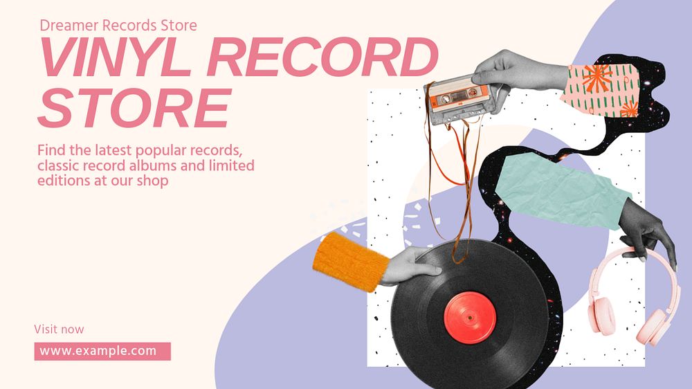 Vinyl record store blog banner template, editable design & text