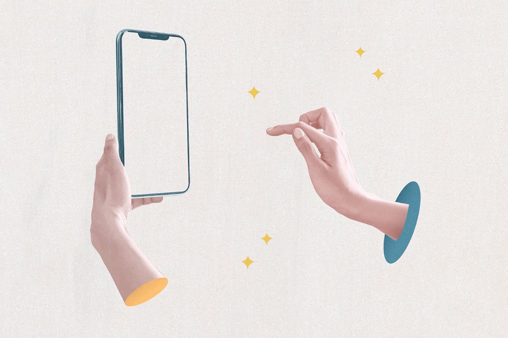 Hands using smartphone sticker, social media addiction remix, editable design